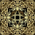 Gold Baroque 3d vector seamless pattern. Greek key meanders ornament. Floral Damask background. Repeat backdrop. Greek