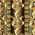 Gold Baroque 3d vector seamless pattern. Vintage antique floral Damask ornament. White elegance pearls. Ornate textured lace