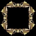 Gold baroque frame. 3d vector vintage pattern. Floral background with golden border, leaves, Paisley flowers and square ornaments Royalty Free Stock Photo