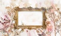 Gold baroque frame on floral background, space for text