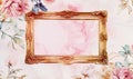 Gold baroque frame on floral background, space for text