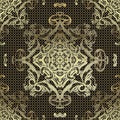 Gold Baroque lacy 3d vector seamless pattern, Lace elegance background. Repeat net backdrop. Vintage line art tracery