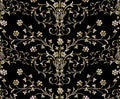 Gold Baroque seamless pattern on a black background.