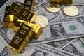 Gold bars and american one dollar bills. Royalty Free Stock Photo