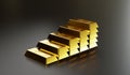 Gold bars are arranged in higher layers to communicate the higher value of gold, with investments, savings and financial success Royalty Free Stock Photo