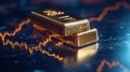 Gold bars stacked on a trading platform with fluctuating market graphs in the background Royalty Free Stock Photo