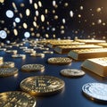 Gold bars and bitcoin coins arranged on a dark reflective surface cryptocurrency Royalty Free Stock Photo
