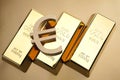 Gold bars closeup top view with euro mark Royalty Free Stock Photo