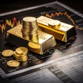 Gold bars and coins on the background of the financial chart. Business concept Royalty Free Stock Photo