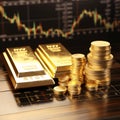 Gold bars and coins on a background of the financial chart. Shallow DOF Royalty Free Stock Photo