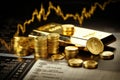 Gold bars and coins on the background of the stock exchange chart, Gold bullion against stock market charts, AI Generated Royalty Free Stock Photo