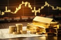 Gold bars and coins on the background of the stock exchange chart, Gold bullion against stock market charts, AI Generated Royalty Free Stock Photo