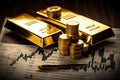 Gold bars and gold coins on the table with financial chart and graph, Gold bullion against stock market charts, AI Generated Royalty Free Stock Photo