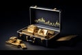 gold bars ingots reserve in suitcase with performance price chart, concept for trading precious metals and inflation hedge assets, Royalty Free Stock Photo