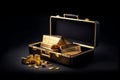 gold bars ingots reserve in suitcase with performance price chart, concept for trading precious metals and inflation hedge assets, Royalty Free Stock Photo