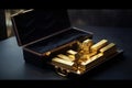 gold bars ingots reserve in suitcase with performance price chart, concept for trading precious metals and inflation hedge assets, Royalty Free Stock Photo