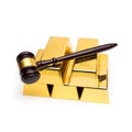 Gold bars with judge gavel on white Royalty Free Stock Photo