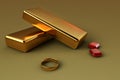 Gold bars and precious stones with a gold ring on a matte surface. 3D illustration of precious stones and luxury goods