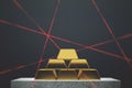 Gold bars pyramid, black wall, lasers Royalty Free Stock Photo