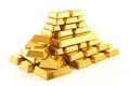 Gold bars stacked in a pyramid on a white background. Precious metal. AI generated. Royalty Free Stock Photo