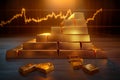 Gold bars on table with an upward graph, symbolizing prosperity