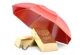 gold bars with umbrella, financial insurance and business stability concept. 3D rendering Royalty Free Stock Photo
