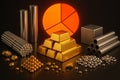 gold bars and various forms of precious metals (including silver and platinum) against a dark background Royalty Free Stock Photo