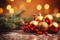 Gold baubles, berris and fir branch Christmas tree ornaments on table background with light bokeh, Christmas background with copy Royalty Free Stock Photo