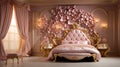 Gold leaf bed adorned with pink flowers