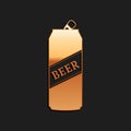 Gold Beer can icon isolated on black background. Long shadow style. Vector Royalty Free Stock Photo