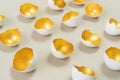 Gold on beige color combination. Golden eggshell as a concept of constant profit. Modern easter background for advertising banner