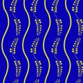 Gold berries and vertical curvy lines on royal blue solid background seamless repeat pattern Royalty Free Stock Photo