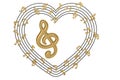 Gold big music symbol and heart made with musical notes.3D illus Royalty Free Stock Photo