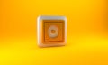 Gold Billiard chalk icon isolated on yellow background. Chalk block for billiard cue. Silver square button. 3D render