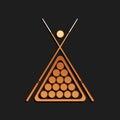 Gold Billiard cue and balls in a rack triangle icon isolated on black background. Long shadow style. Vector