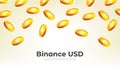 Gold Binance USD coin falling from the sky. BUSD cryptocurrency concept banner background