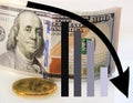 Gold bitcoin, in the background, dollars, decreasing chart, close-up Royalty Free Stock Photo