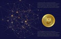 Gold bitcoin with blockchain elements, background of microchips