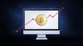 Gold bitcoin coin with bull stock chart.