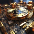 A gold Bitcoin coin with glare and reflection installed instead of a central processor in a motherboard with electronic components