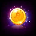 Gold bitcoin coin satoshi with sparkles, crypto currency slot icon for online casino or logo for mobile game on dark Royalty Free Stock Photo