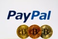 Gold Bitcoin coins with the PayPal logo on background screen.