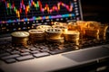 Gold bitcoin coins, virtual money on a laptop