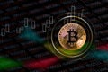 Gold Bitcoin crypto currency on code data numeric digital system cyber symbols