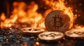 gold bitcoin cryptocurrency coins are burning in a fire Royalty Free Stock Photo