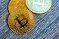 Gold bitcoin cryptocurrency coins Royalty Free Stock Photo