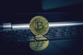 ..Gold bitcoin cryptocurrency with a latop computer Royalty Free Stock Photo