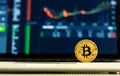 Gold bitcoin cryptocurrency with a latop Royalty Free Stock Photo