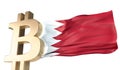 Gold bitcoin cryptocurrency with a waving Bahrain flag. 3D Rendering