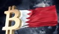 Gold bitcoin cryptocurrency with a waving Bahrain flag. 3D Rendering